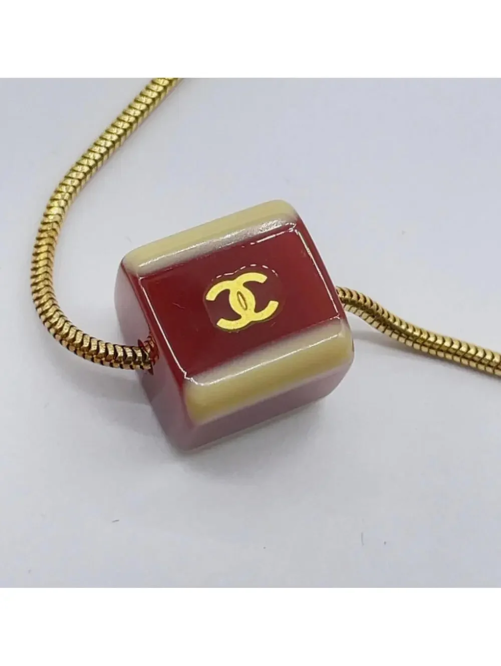 Authentic CHANEL Red Cube Necklace With Box Coco Mark Gold Logo